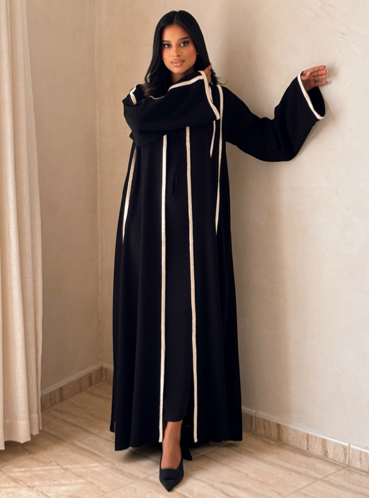 MEI735 - Black A-Cut Abaya with Cream Embroidery & Matching Headscarf