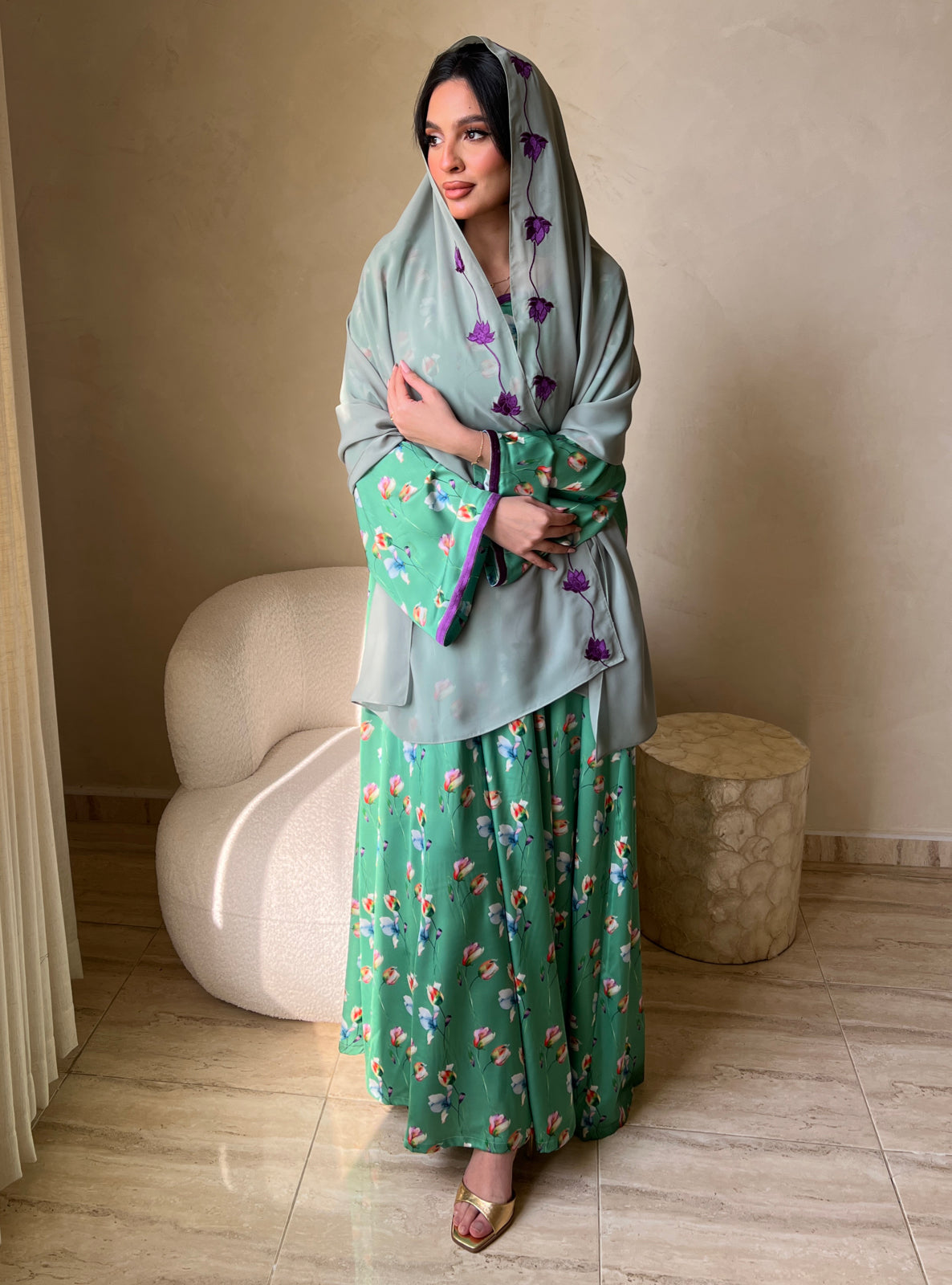 MEI519 - Grace in Sage Bloom / Floral Embroidered Jalabiya and Shaila