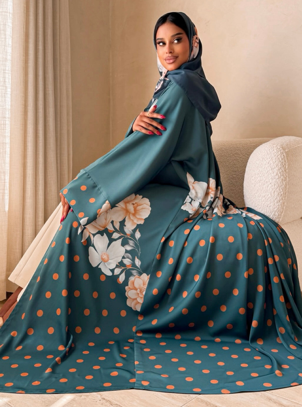 MEI739 - Teal Half Bisht Polka Floral Abaya with Matching Headscarf
