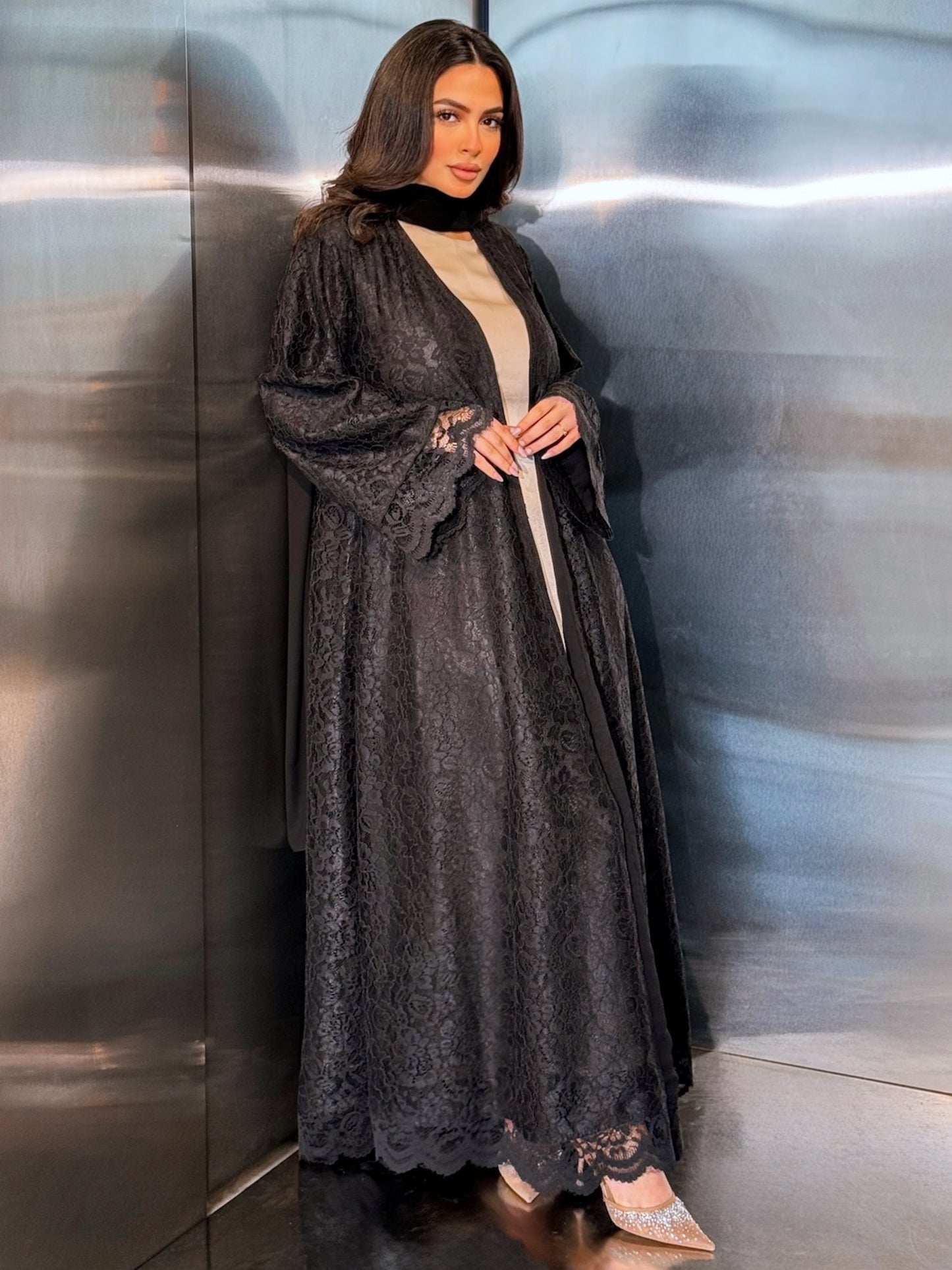 MEI711 - Black Lace Abaya with Matching Headscarf