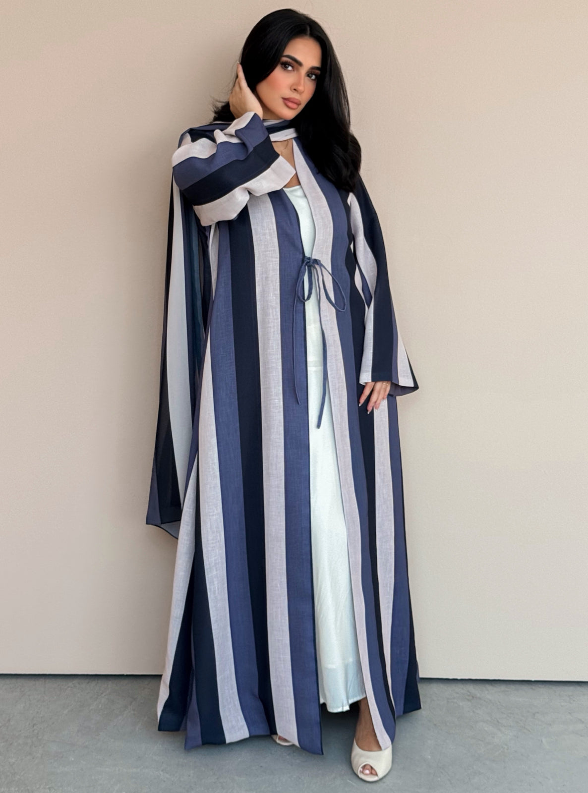 MEI765 - Striped A-Cut Linen Abaya with Matching Headscarf