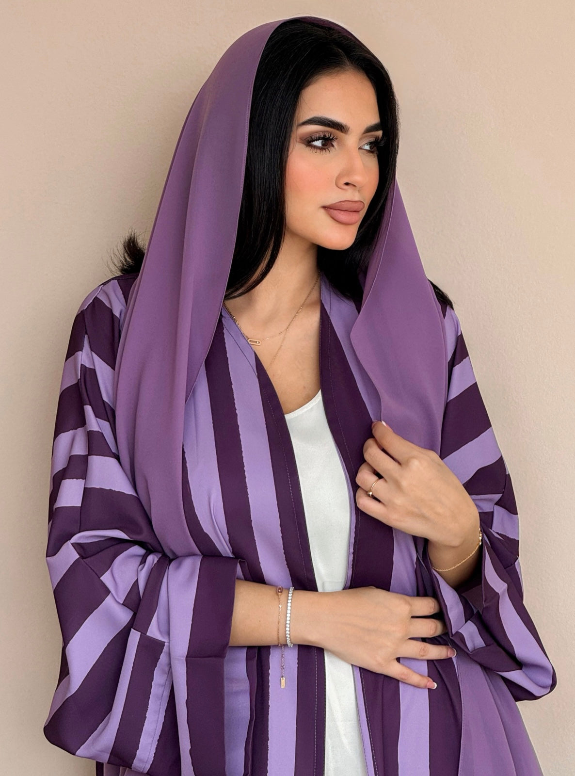 MEI772 - Aria Half Bisht Crepe Abaya in Purple Haze