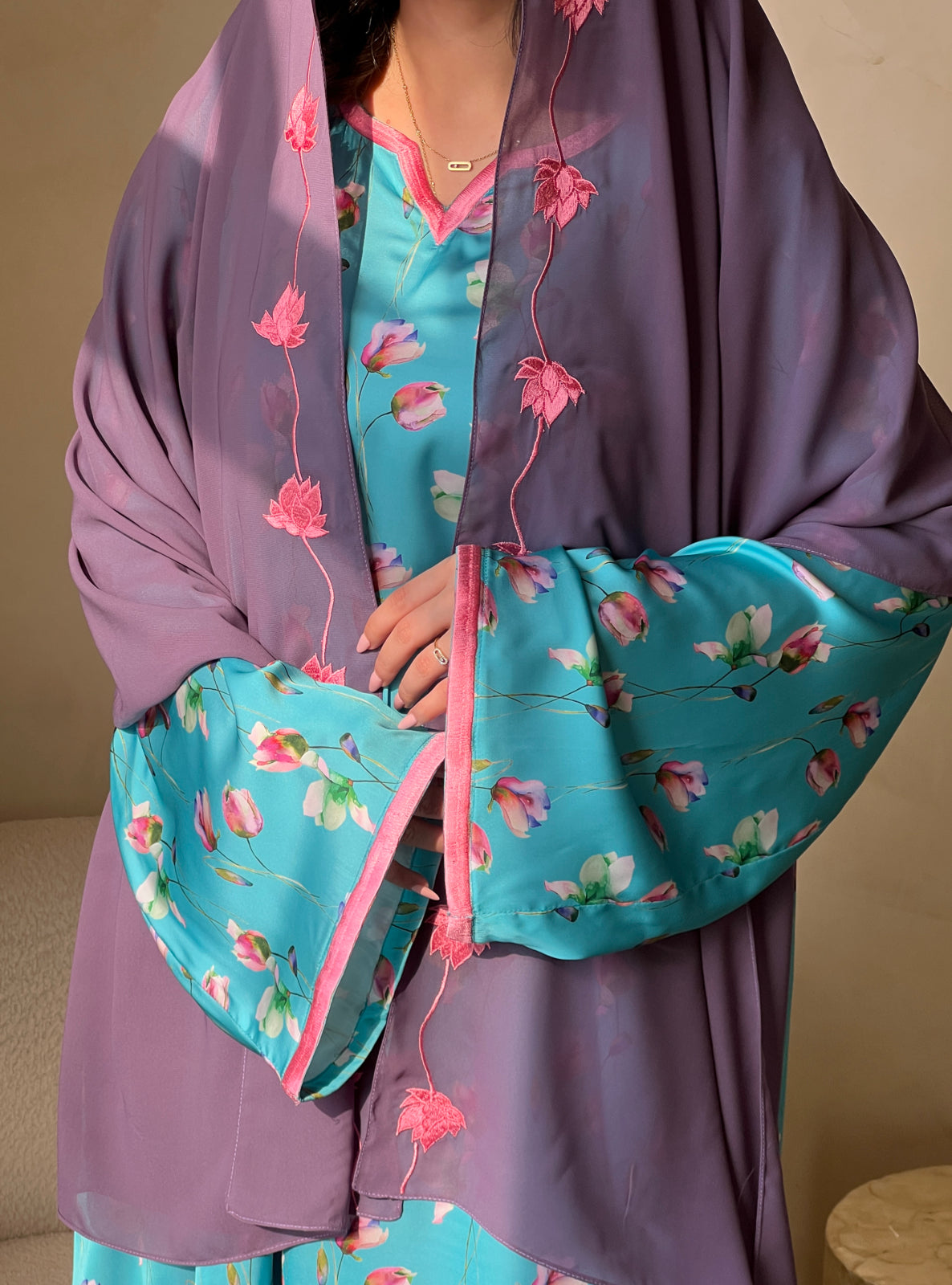 MEI521 - Grace in Aqua Bloom / Floral Embroidered Jalabiya and Shaila