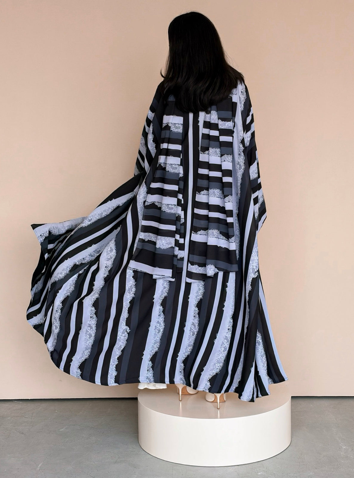 MEI782 - Stripes & Lace Print Half Bisht Abaya with Matching Headscarf