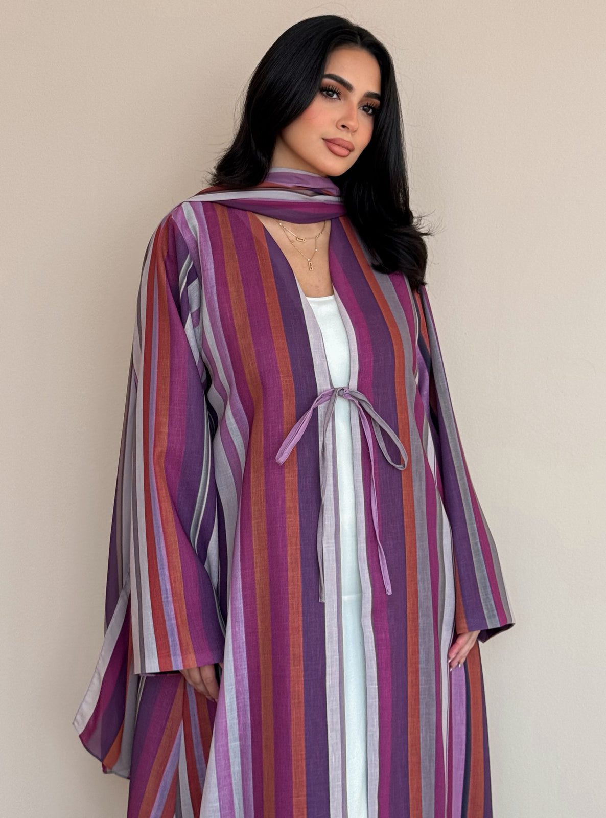 MEI762 - Striped A-Cut Linen Abaya with Matching Headscarf