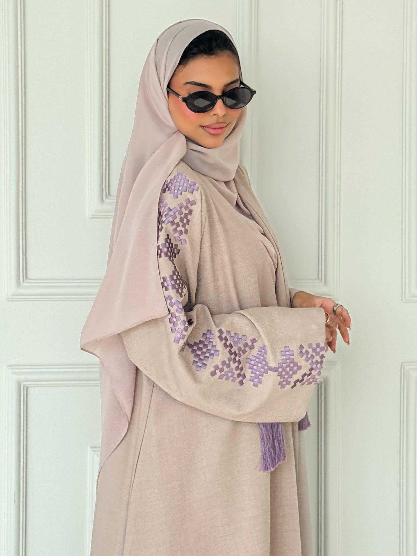 MEI620 - Nude Abaya with Lavender Embroidery