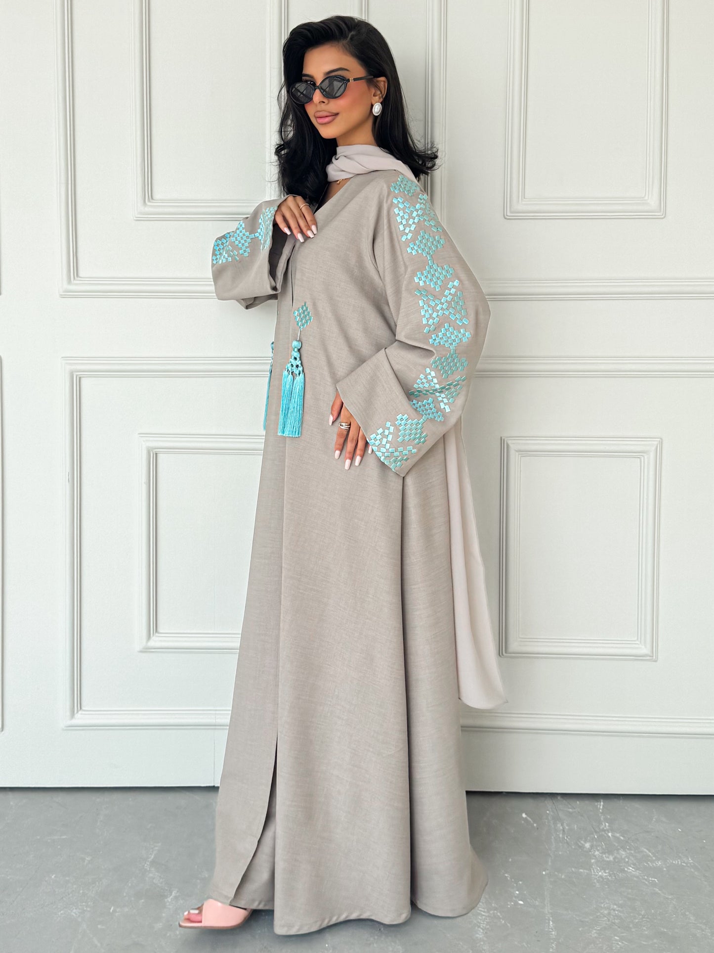 MEI622 - Beige Abaya with Light Turquoise Embroidery