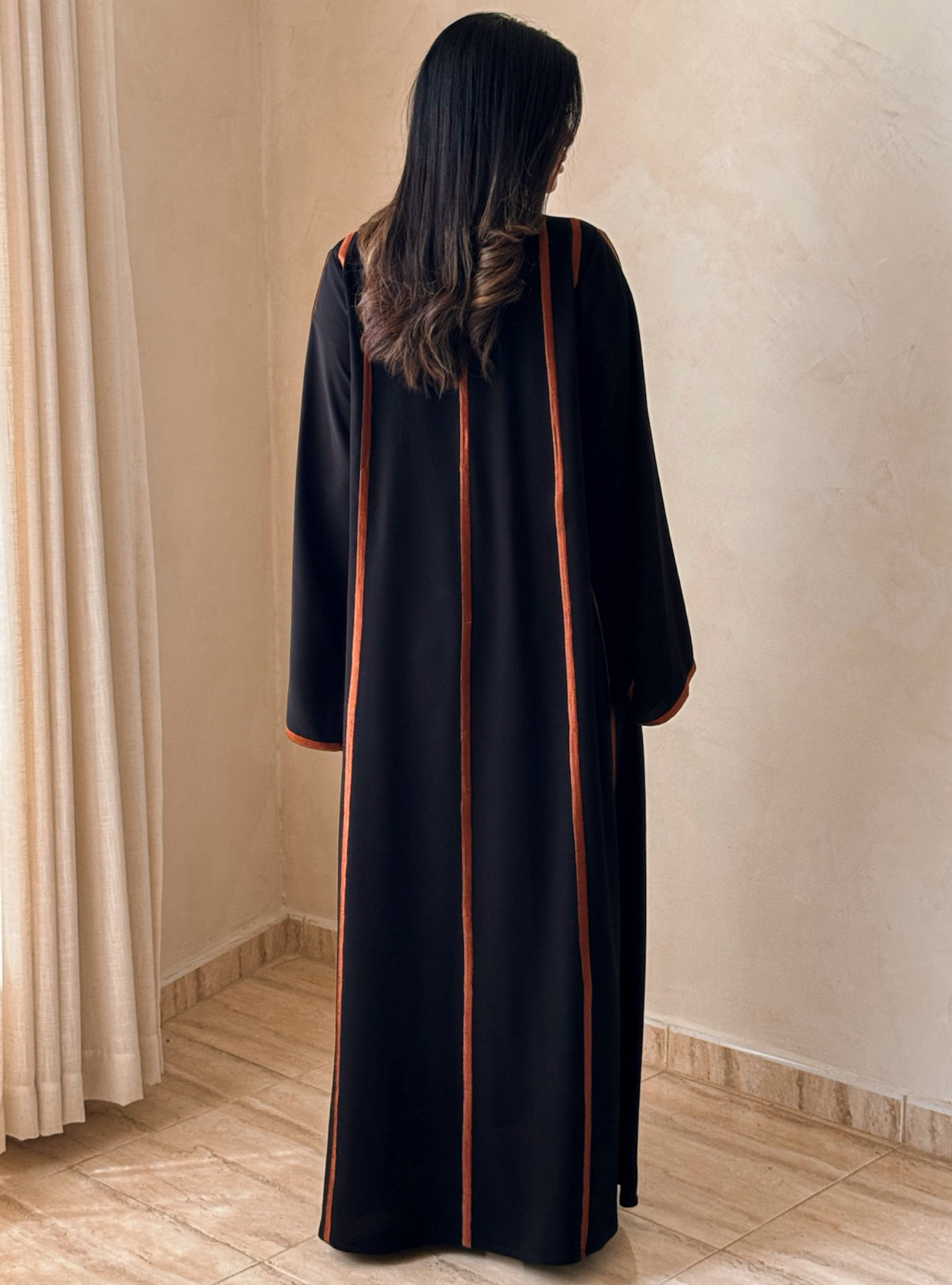 MEI734 - Black A-Cut Abaya with Brown Embroidery & Matching Headscarf