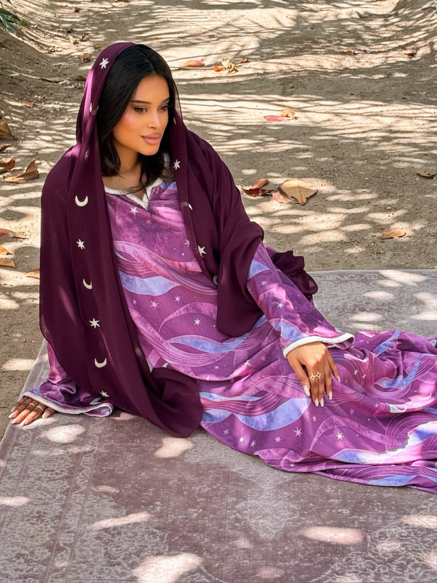 MEI710 - Burgundy Stars & Moon Embroidered Jalabiya with Headscarf