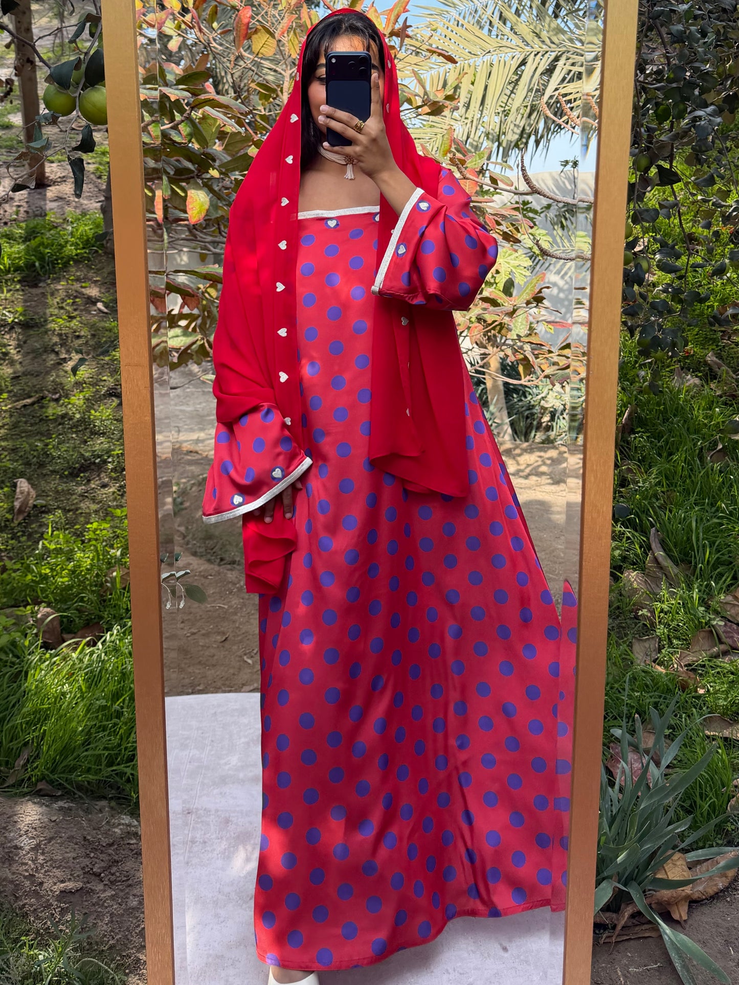 MEI690 - Red/Purple Polka Dots & Hearts Embroidered Jalabiya with Headscarf