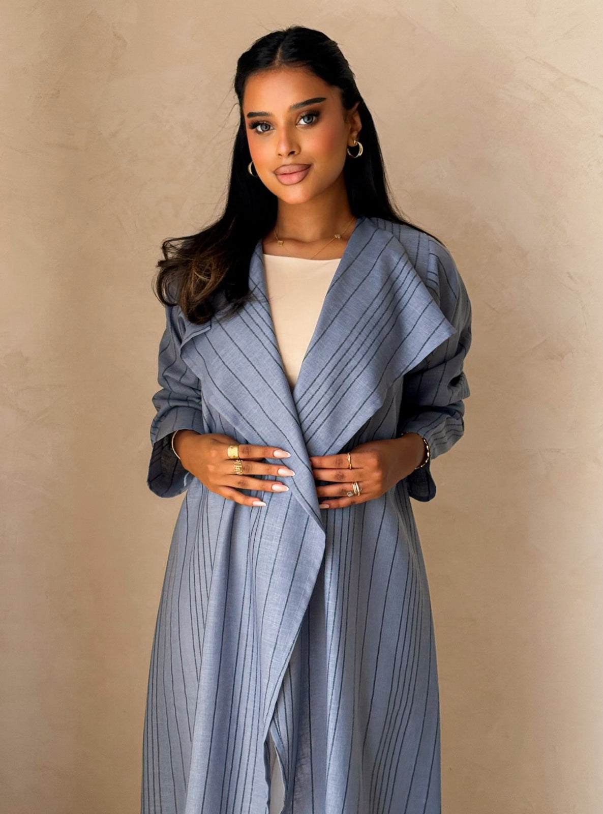 MEI751 - Steel Blue A-Cut Linen Abaya with Matching Headscarf