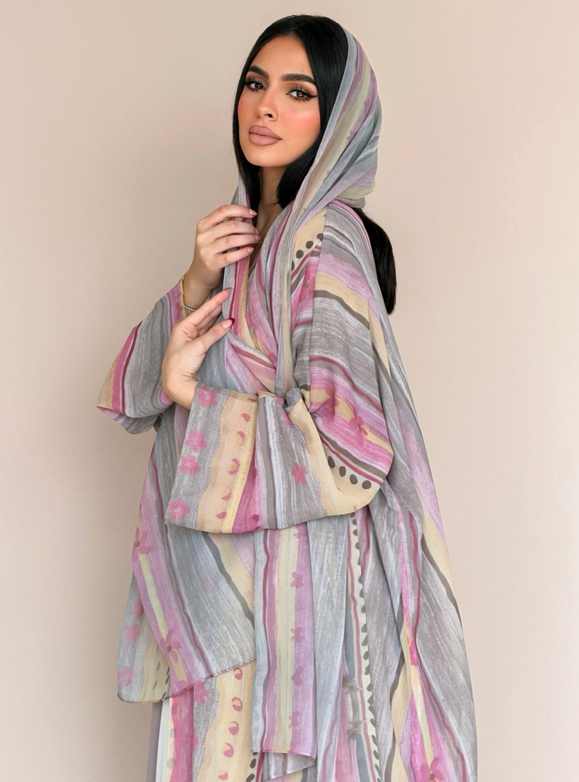 MEI785 - Floral & Stripes Print Half Bisht Abaya with Matching Headscarf