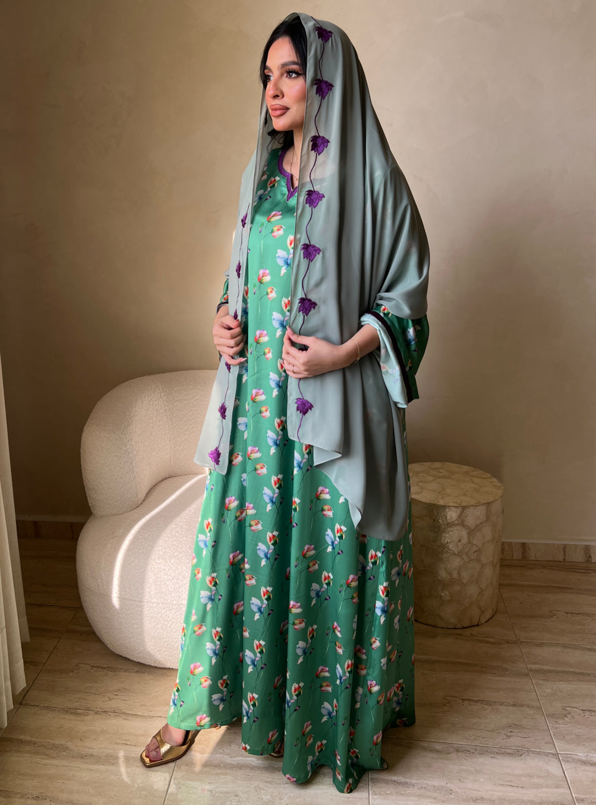 MEI519 - Grace in Sage Bloom / Floral Embroidered Jalabiya and Shaila