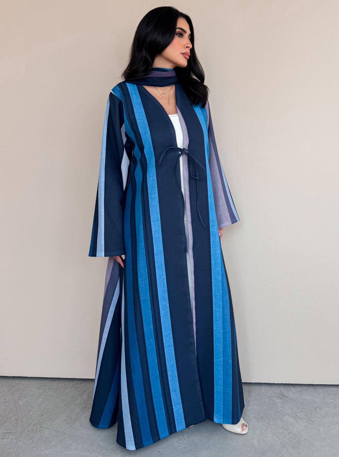 MEI763 - Striped A-Cut Linen Abaya with Matching Headscarf