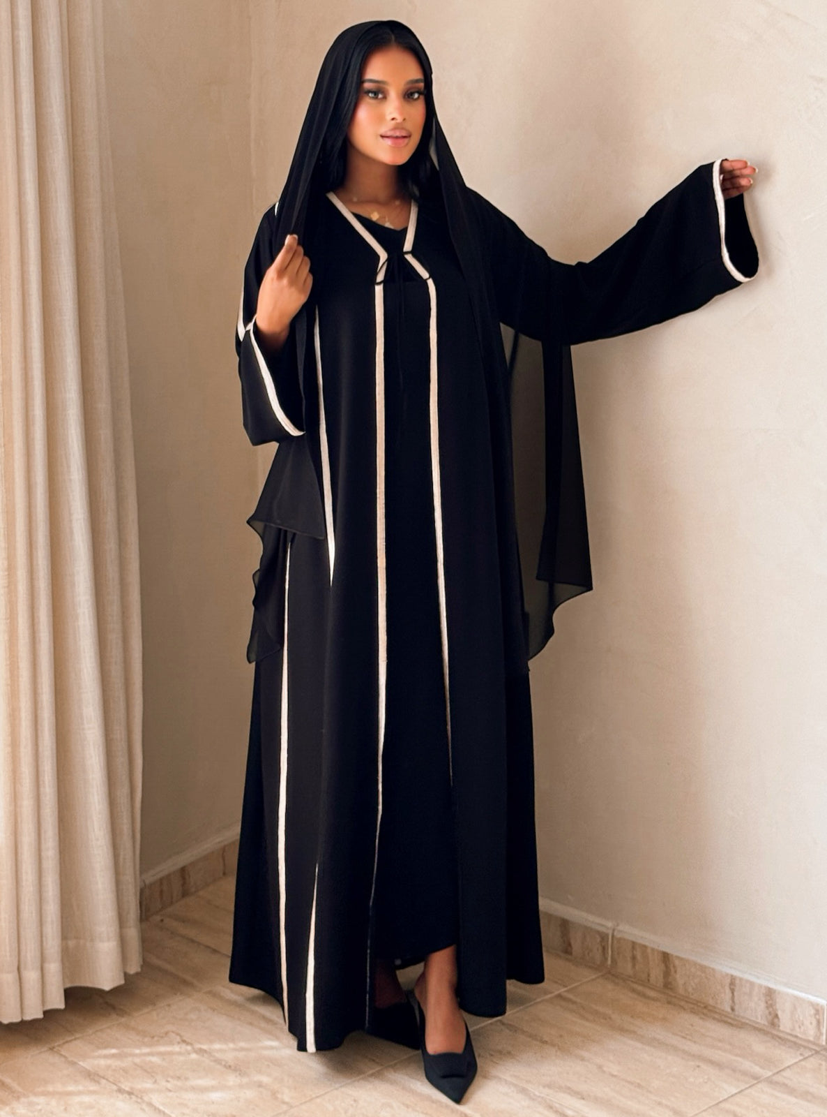 MEI735 - Black A-Cut Abaya with Cream Embroidery & Matching Headscarf