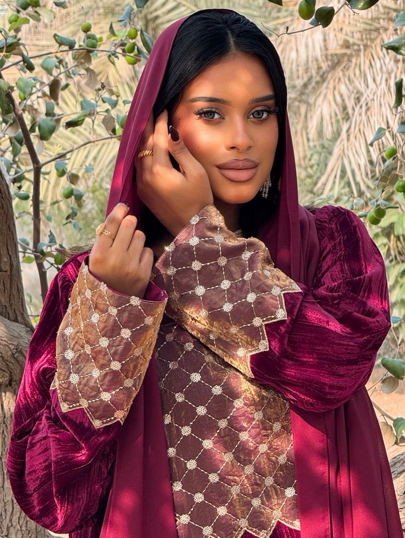 MEI671 - Burgundy Velvet & Embroidered Silk Jalabiya with Headscarf