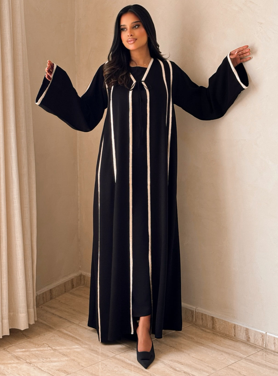 MEI735 - Black A-Cut Abaya with Cream Embroidery & Matching Headscarf
