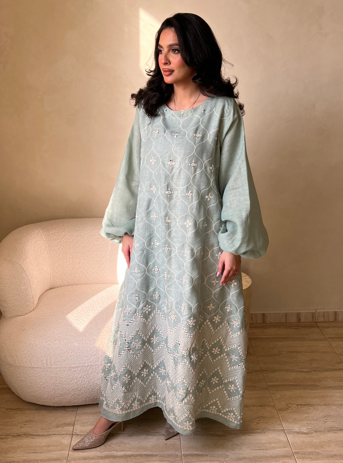 MEI527 - Light Turquoise Embroidered Jalabiya