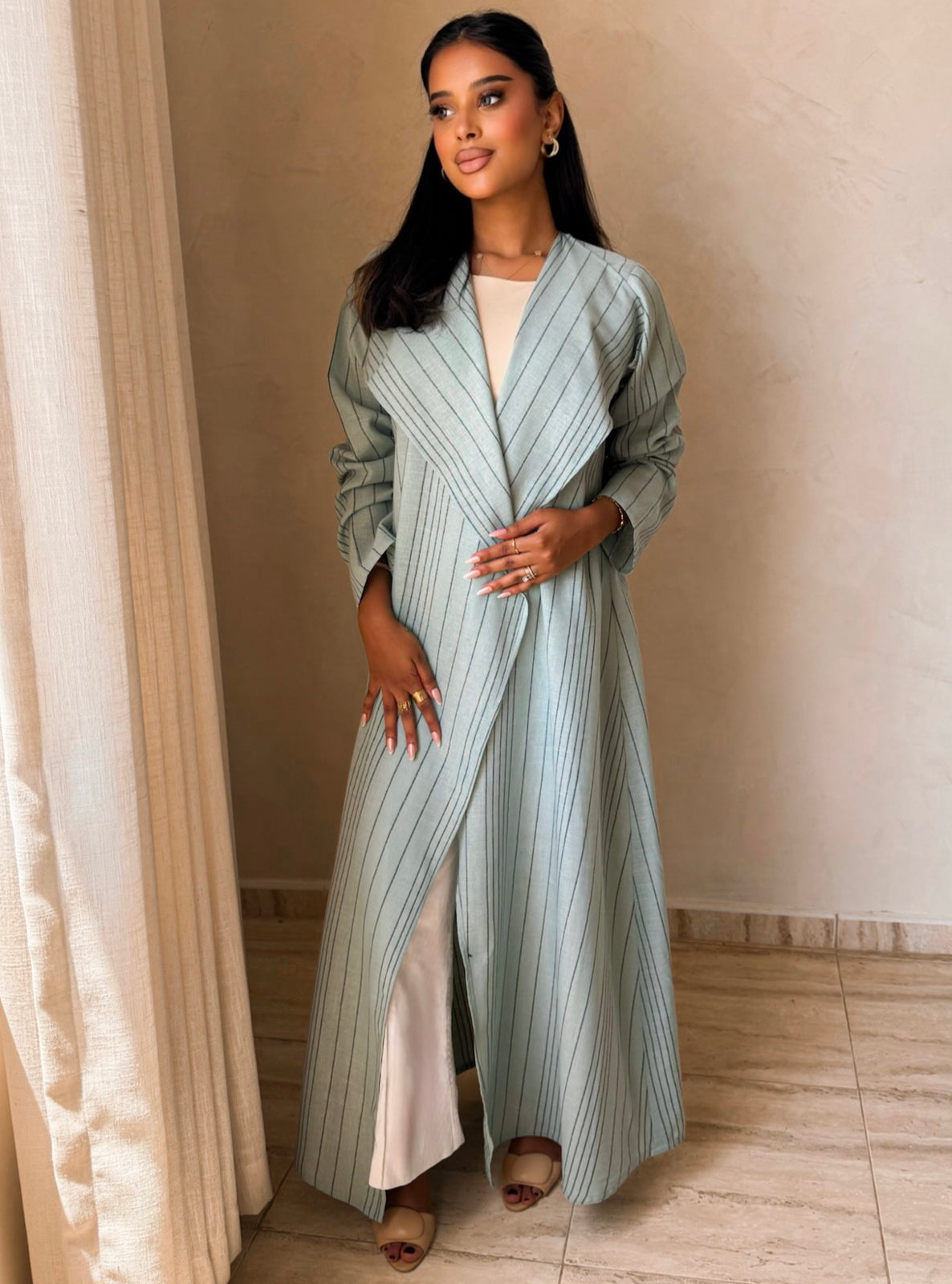 MEI750 - Light Teal A-Cut Linen Abaya with Matching Headscarf