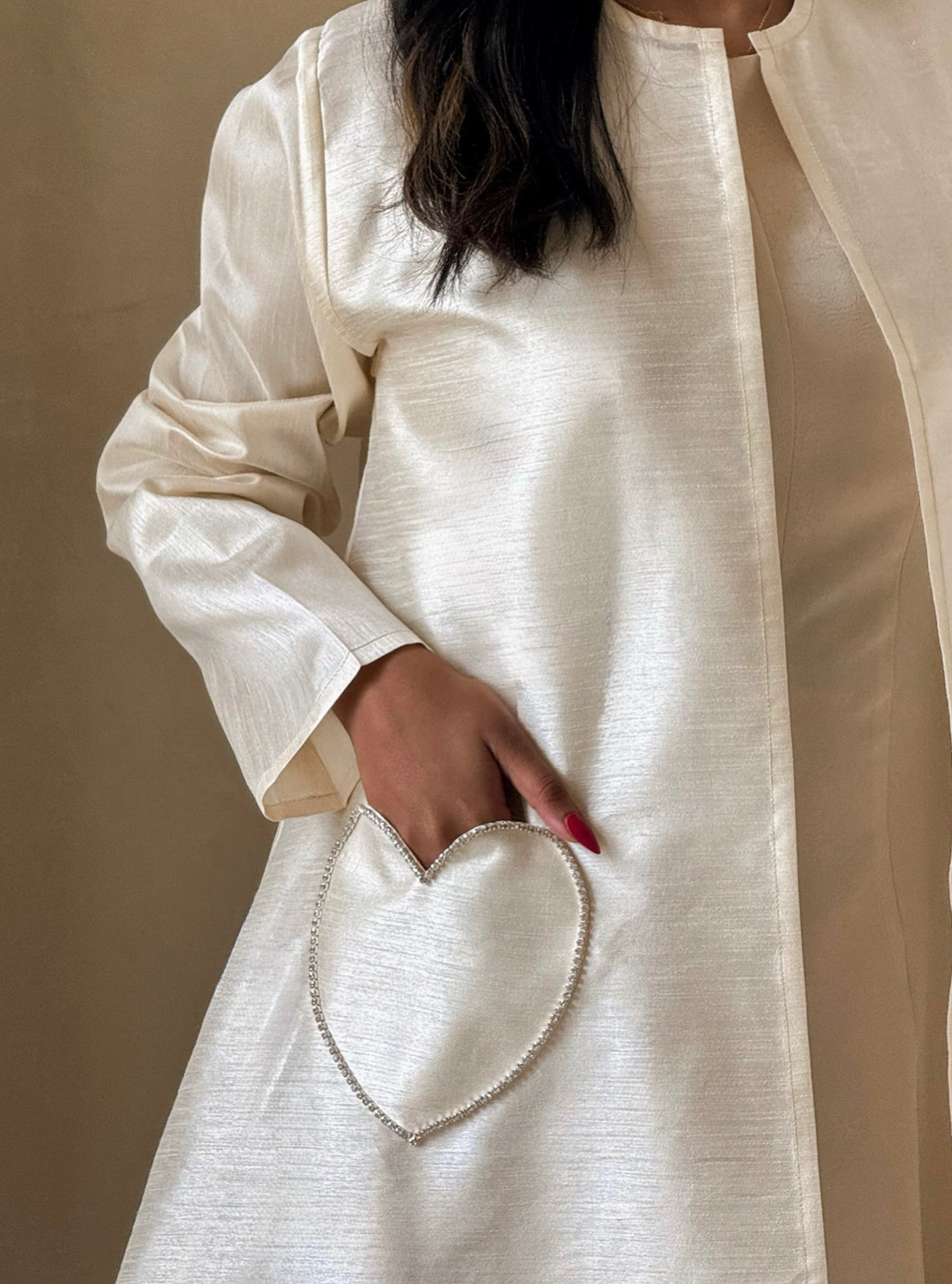 MEI729 - Off White A-Cut Taffeta & Crystals Abaya with Headscarf