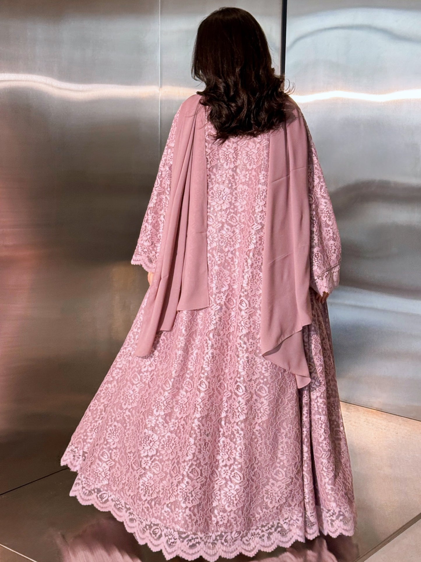 MEI715 - Pink A-Cut Lace Abaya with Matching Headscarf