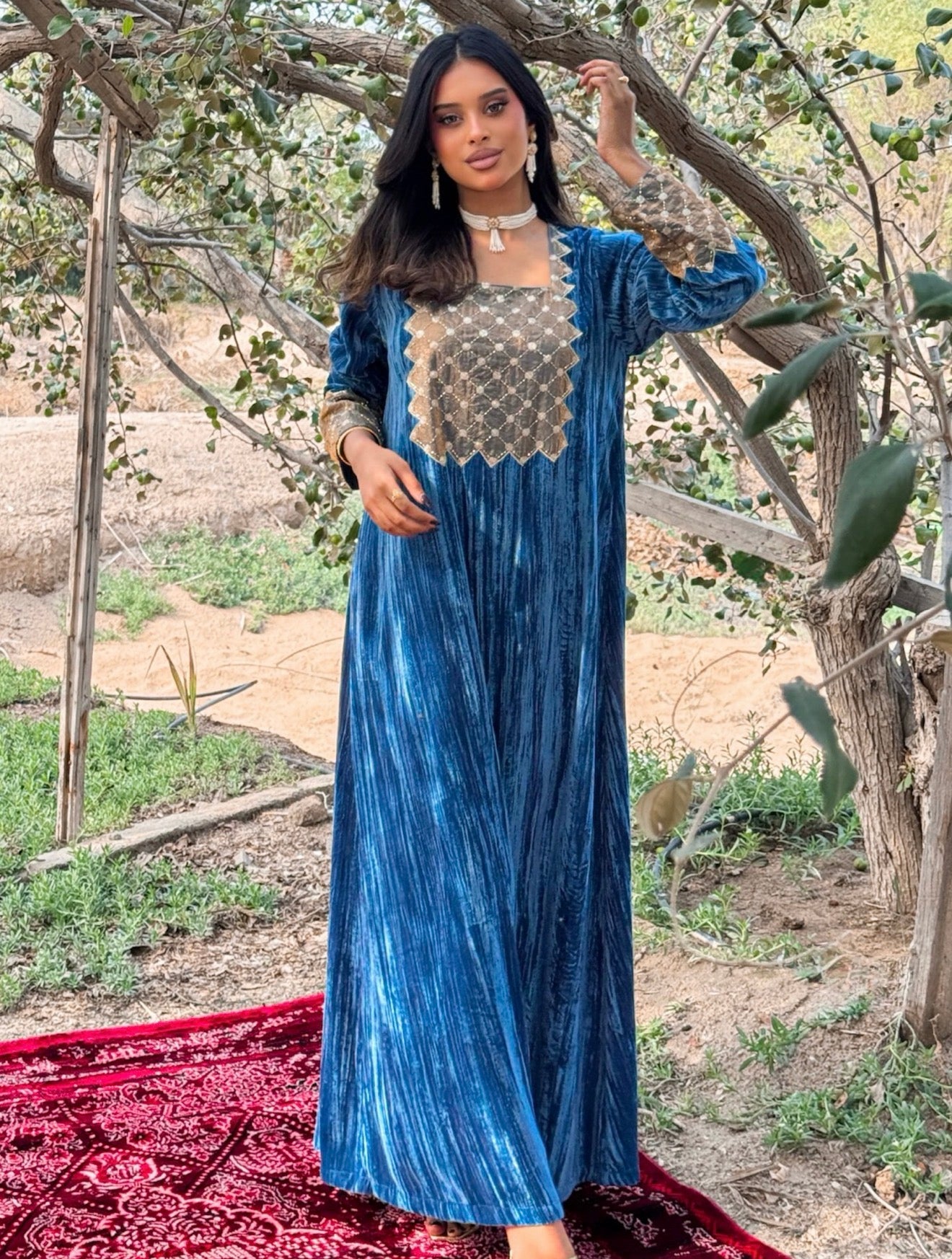 MEI670 - Blue Velvet & Embroidered Silk Jalabiya with Headscarf