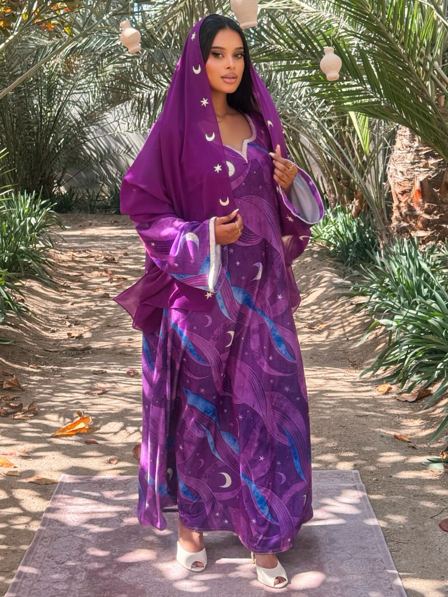 MEI708 - Purple Stars & Moon Embroidered Jalabiya with Headscarf