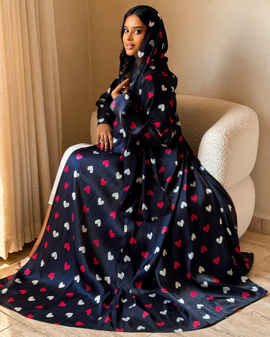 MEI724 - Black & White & Red Hearts A-Cut Organza Abaya 🖤🤍❤️