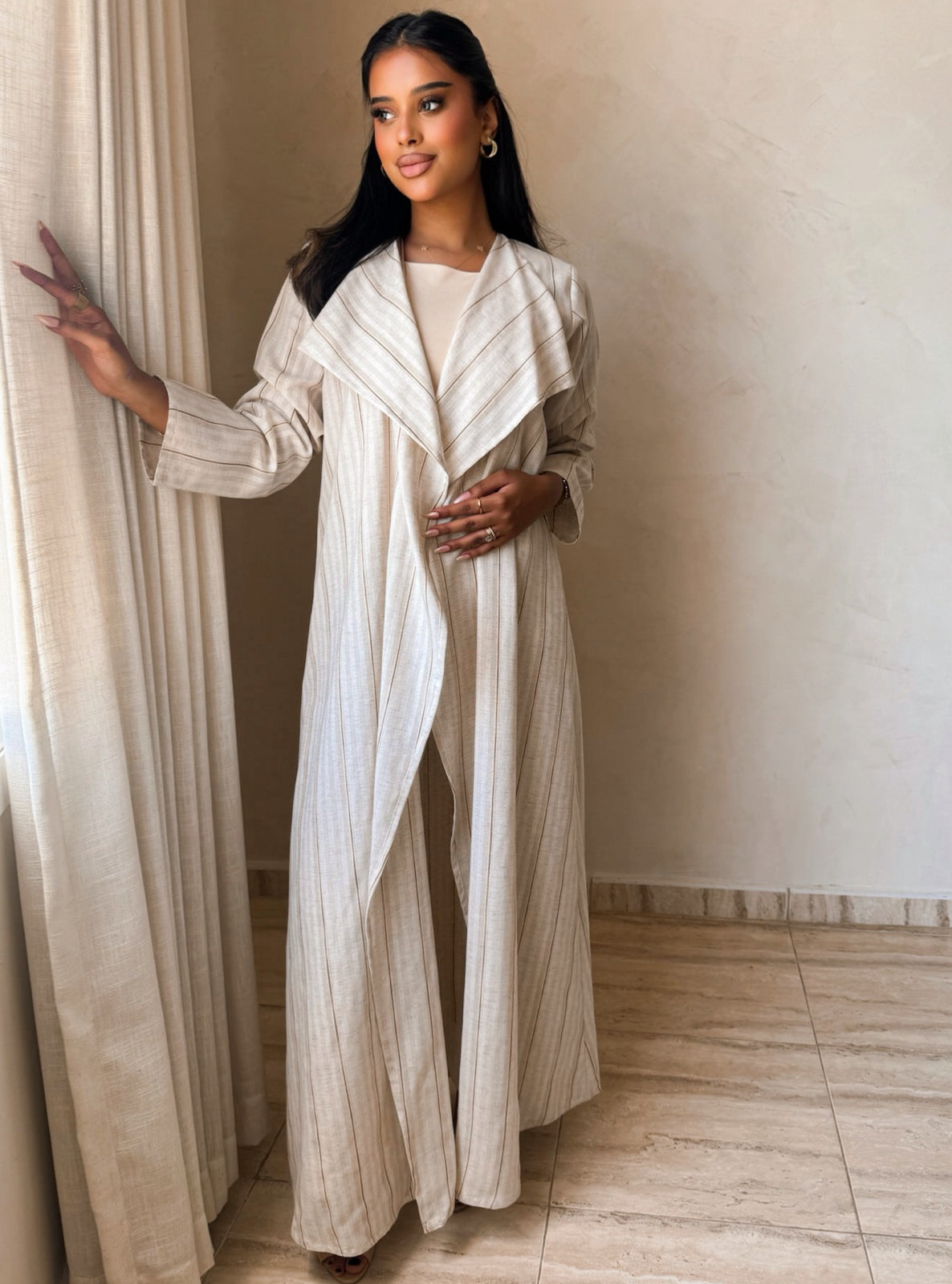 MEI748 - Striped Light Oat A-Cut Linen Abaya with Matching Headscarf