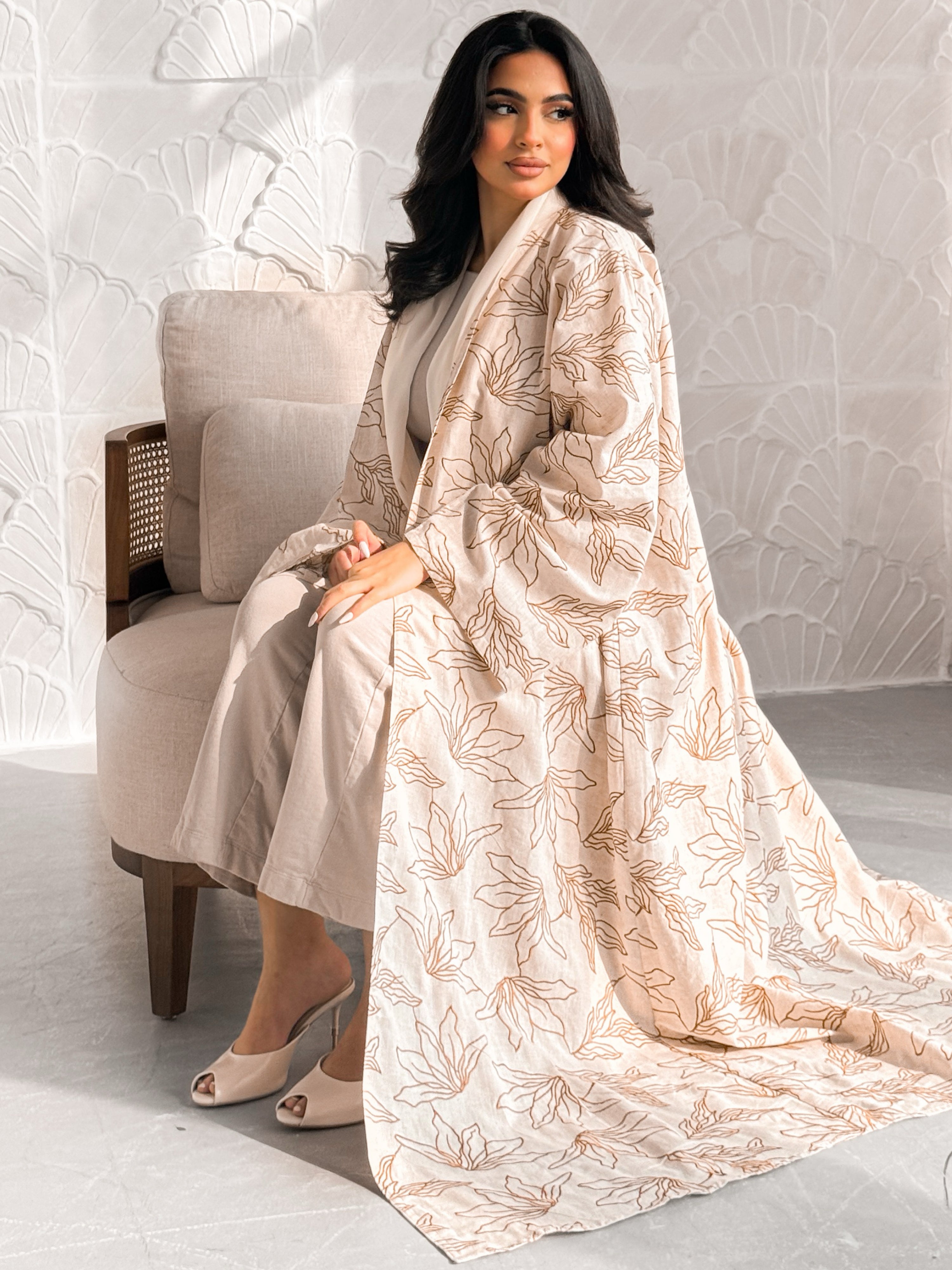 MEI606 - Indian Linen Abaya with Brown Embroidery