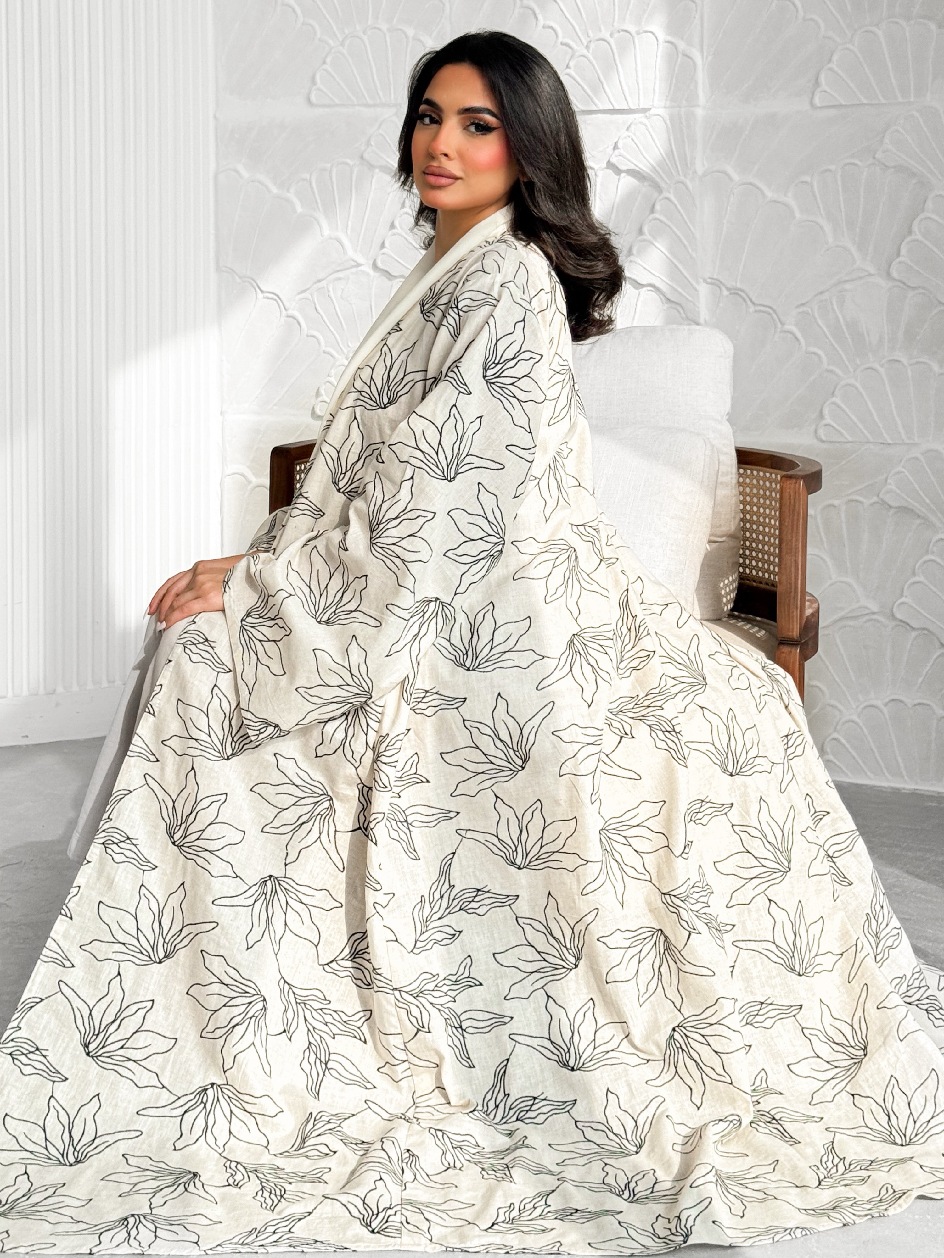 MEI604 - Indian Linen Abaya with Black Embroidery