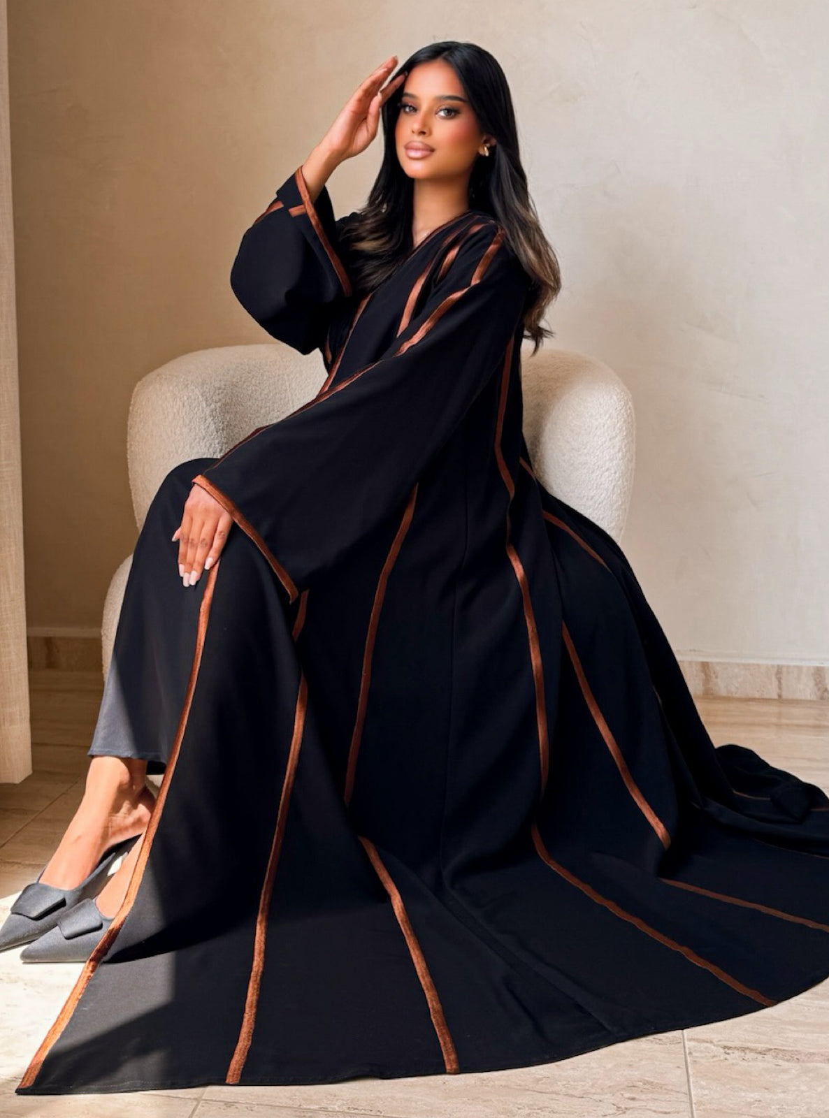 MEI734 - Black A-Cut Abaya with Brown Embroidery & Matching Headscarf