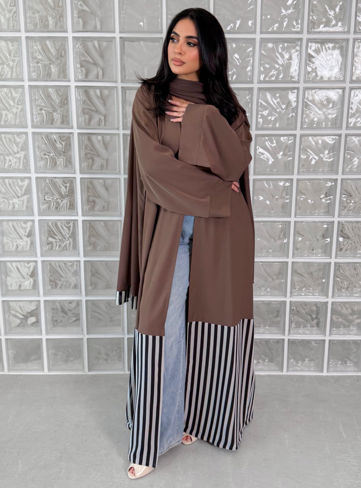 MEI760 - Linear Crepe Square Cut Abaya in Mocha Taupe