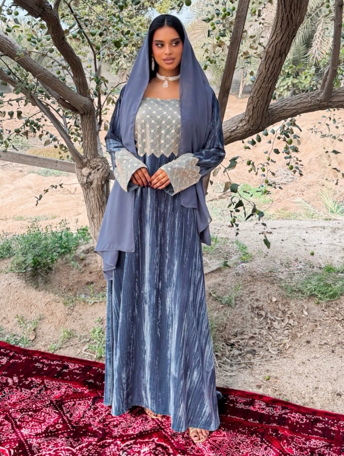 MEI668 - Grey Velvet & Embroidered Silk Jalabiya with Headscarf