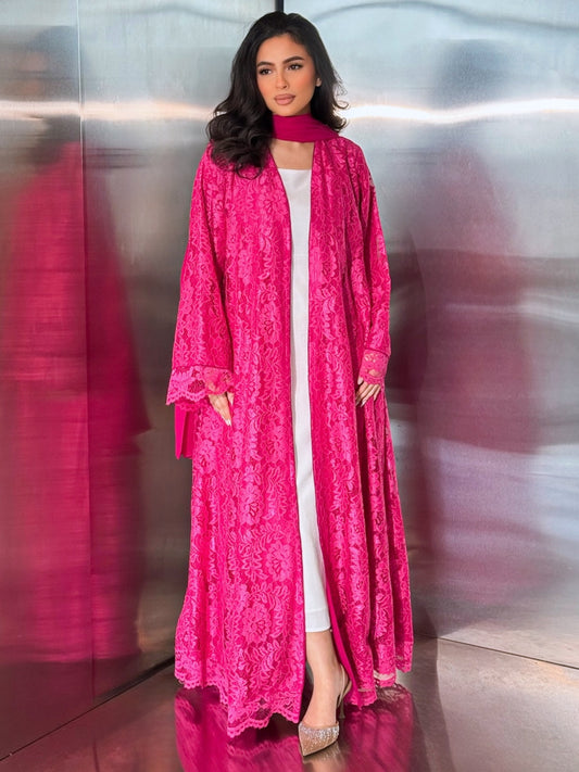 MEI716 - Fuschia Lace Abaya with Matching Headscarf