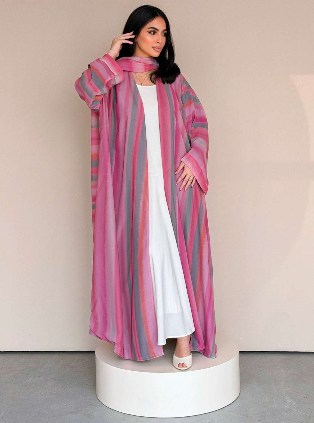 MEI784 - Striped Print Half Bisht Abaya with Matching Headscarf