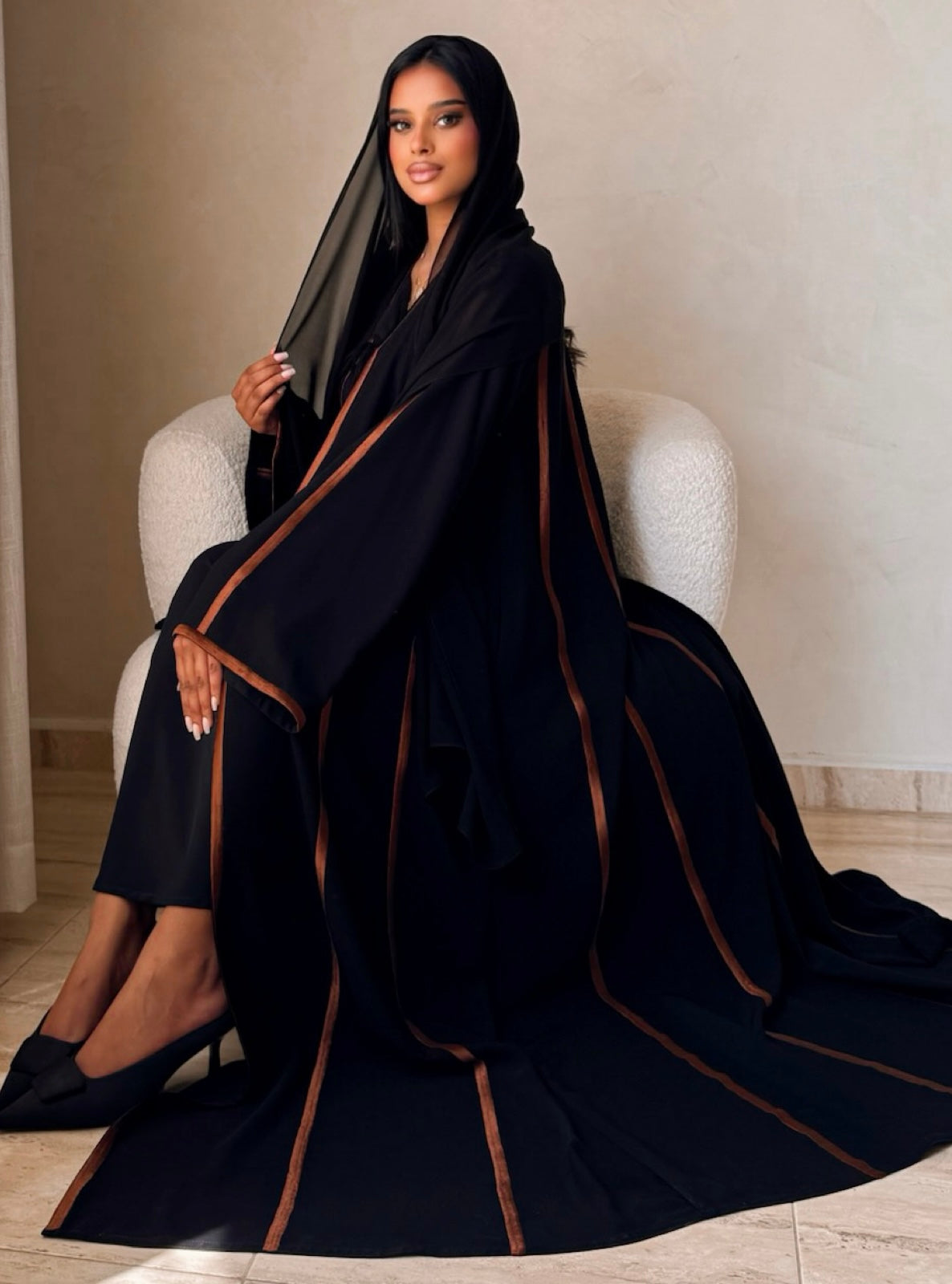 MEI734 - Black A-Cut Abaya with Brown Embroidery & Matching Headscarf