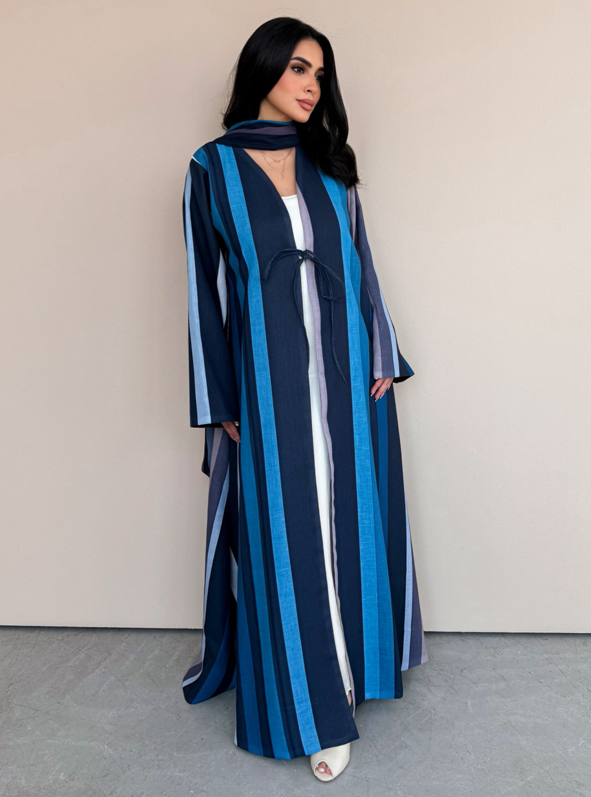 MEI763 - Striped A-Cut Linen Abaya with Matching Headscarf