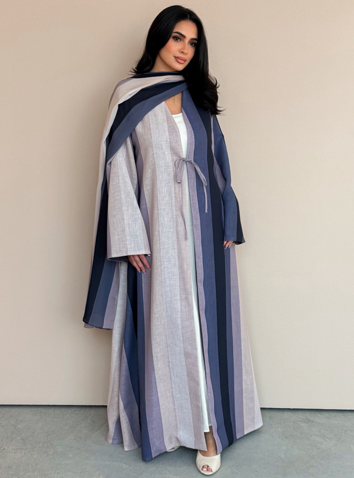 MEI761 - Striped A-Cut Linen Abaya with Matching Headscarf