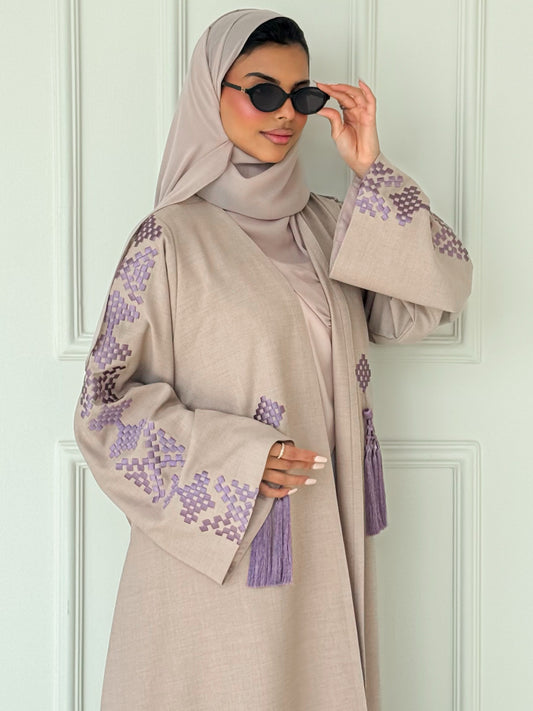 MEI620 - Nude Abaya with Lavender Embroidery
