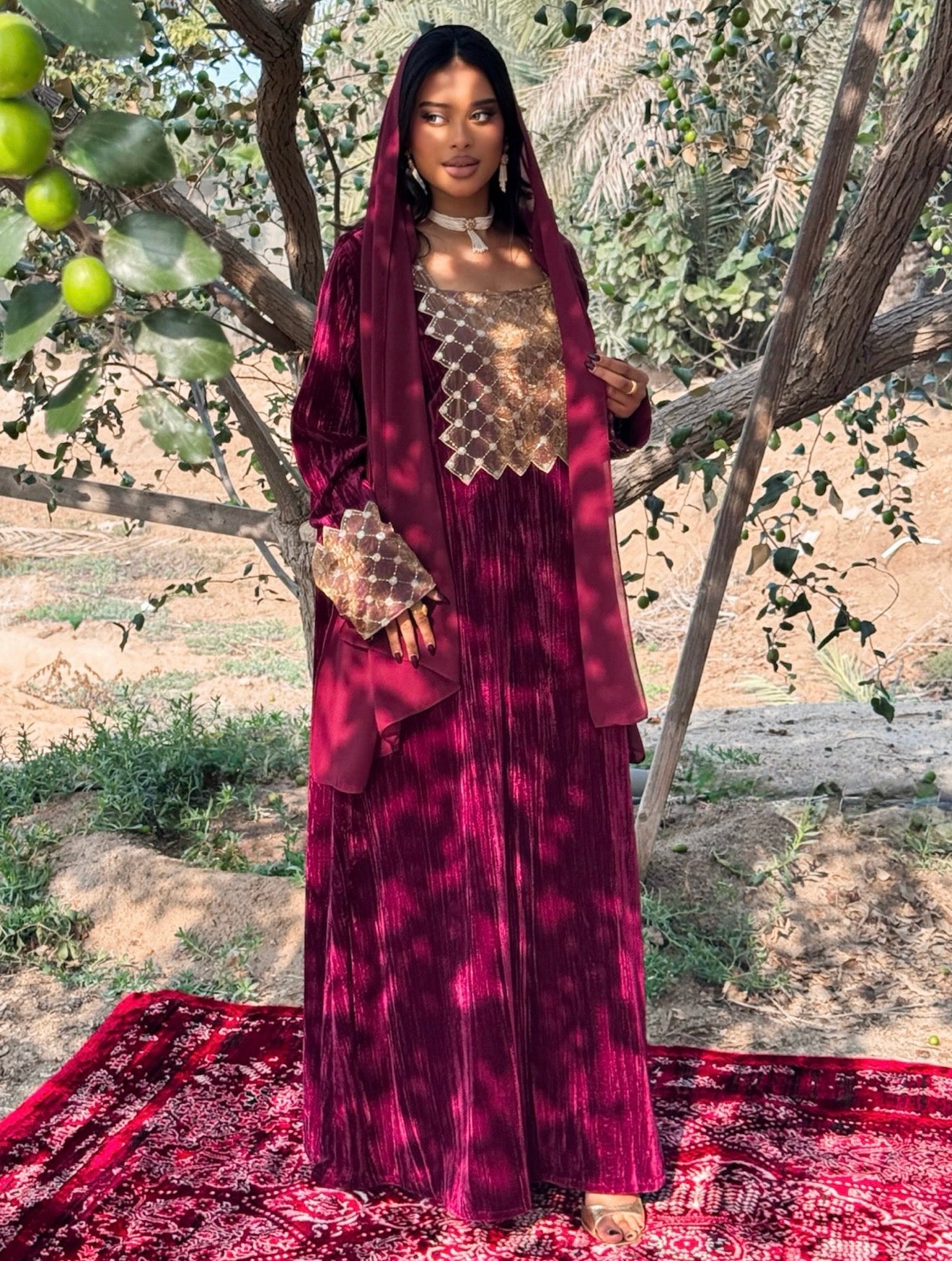 MEI671 - Burgundy Velvet & Embroidered Silk Jalabiya with Headscarf