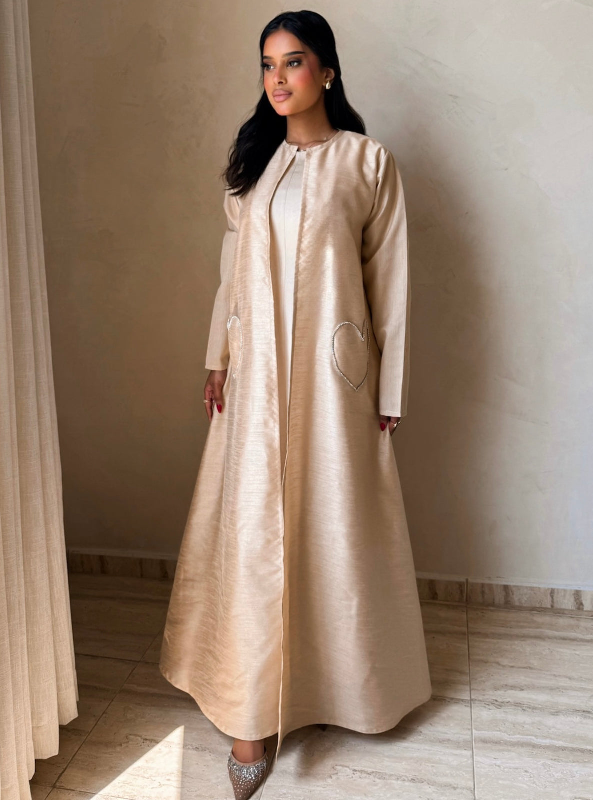 MEI725 - Beige A-Cut Taffeta & Crystals Abaya with Headscarf