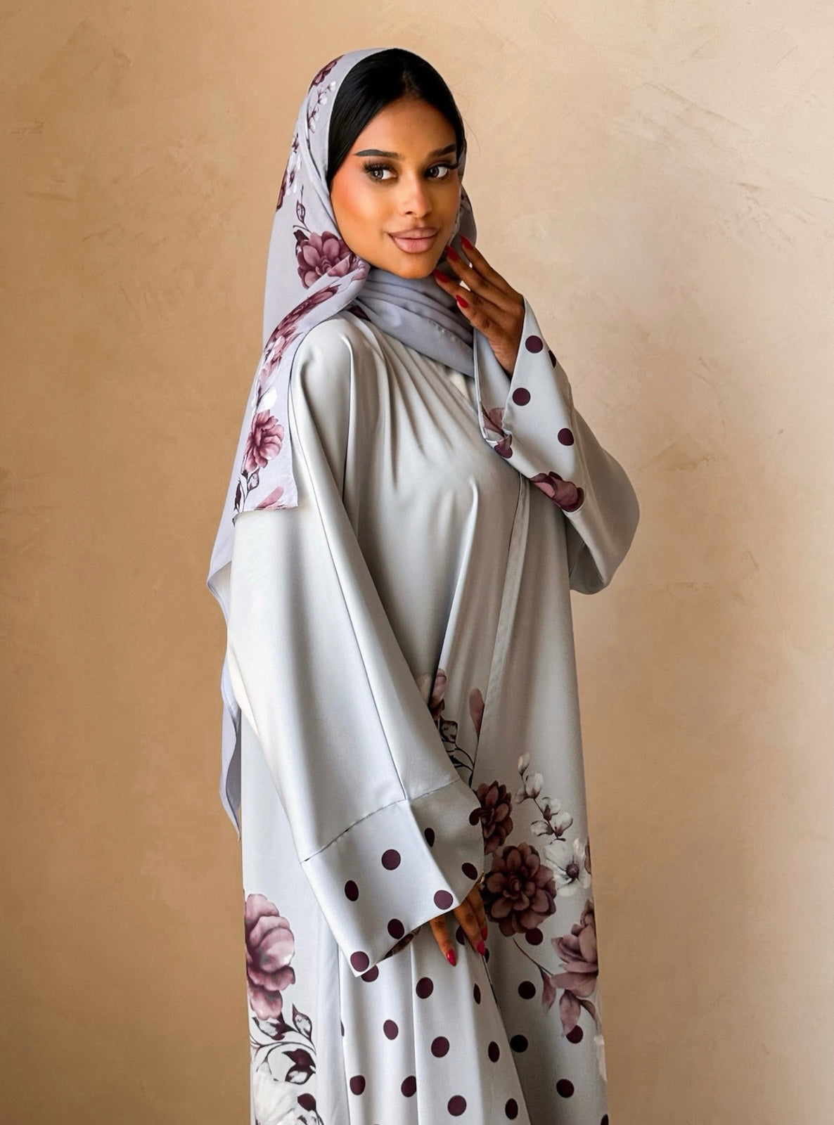 MEI741 - Grey Half Bisht Polka Floral Abaya with Matching Headscarf