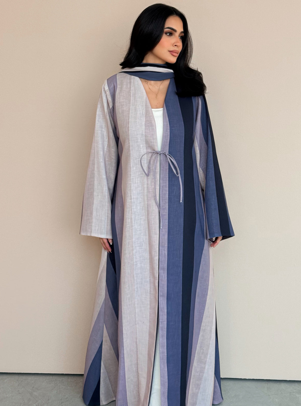 MEI761 - Striped A-Cut Linen Abaya with Matching Headscarf