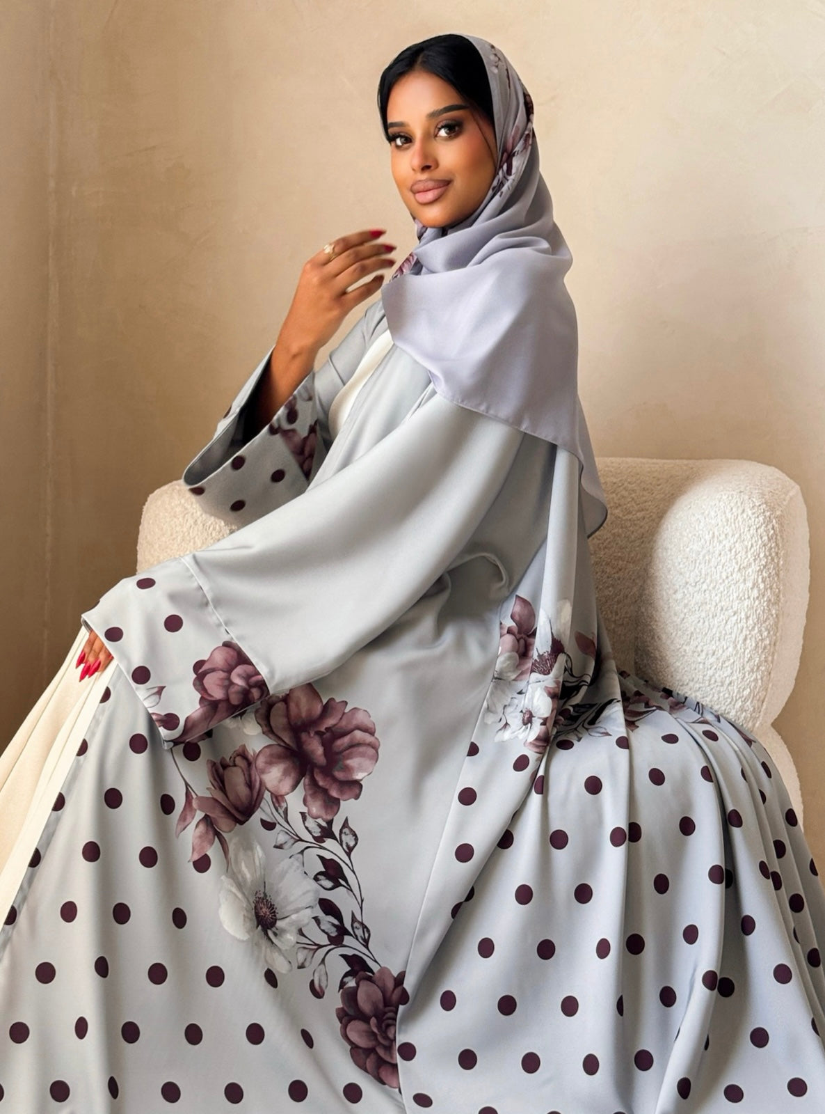 MEI741 - Grey Half Bisht Polka Floral Abaya with Matching Headscarf