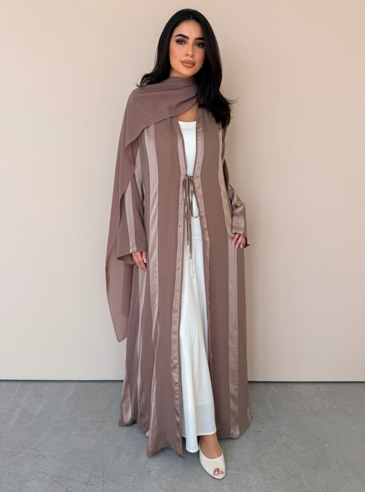 MEI767 - Aura A-Cut Abaya in Warm Taupe with Matching Headscarf