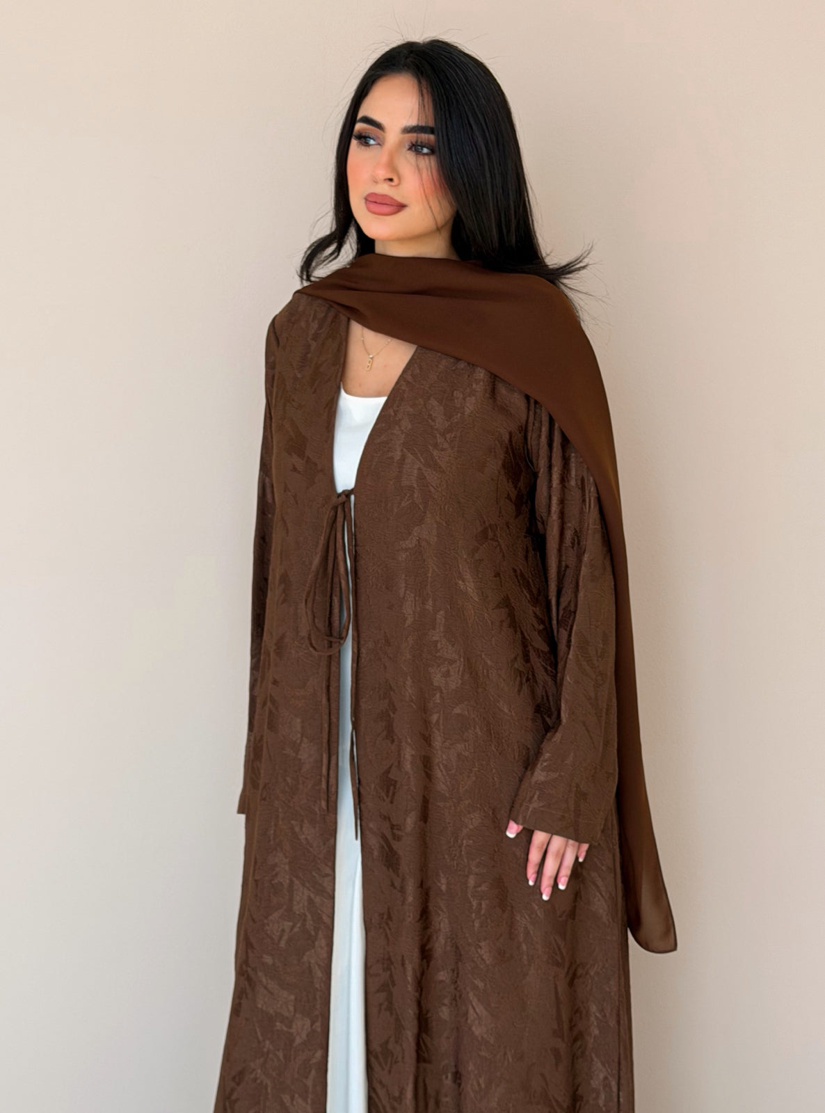 MEI771 - Jacquard A-Cut Abaya in Brown with Matching Headscarf