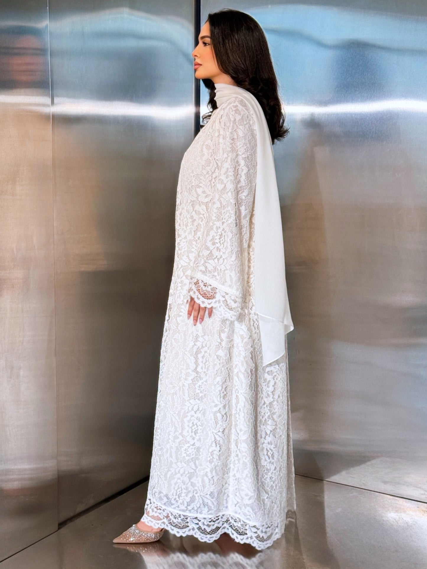 MEI712 - Off White Lace Abaya with Matching Headscarf