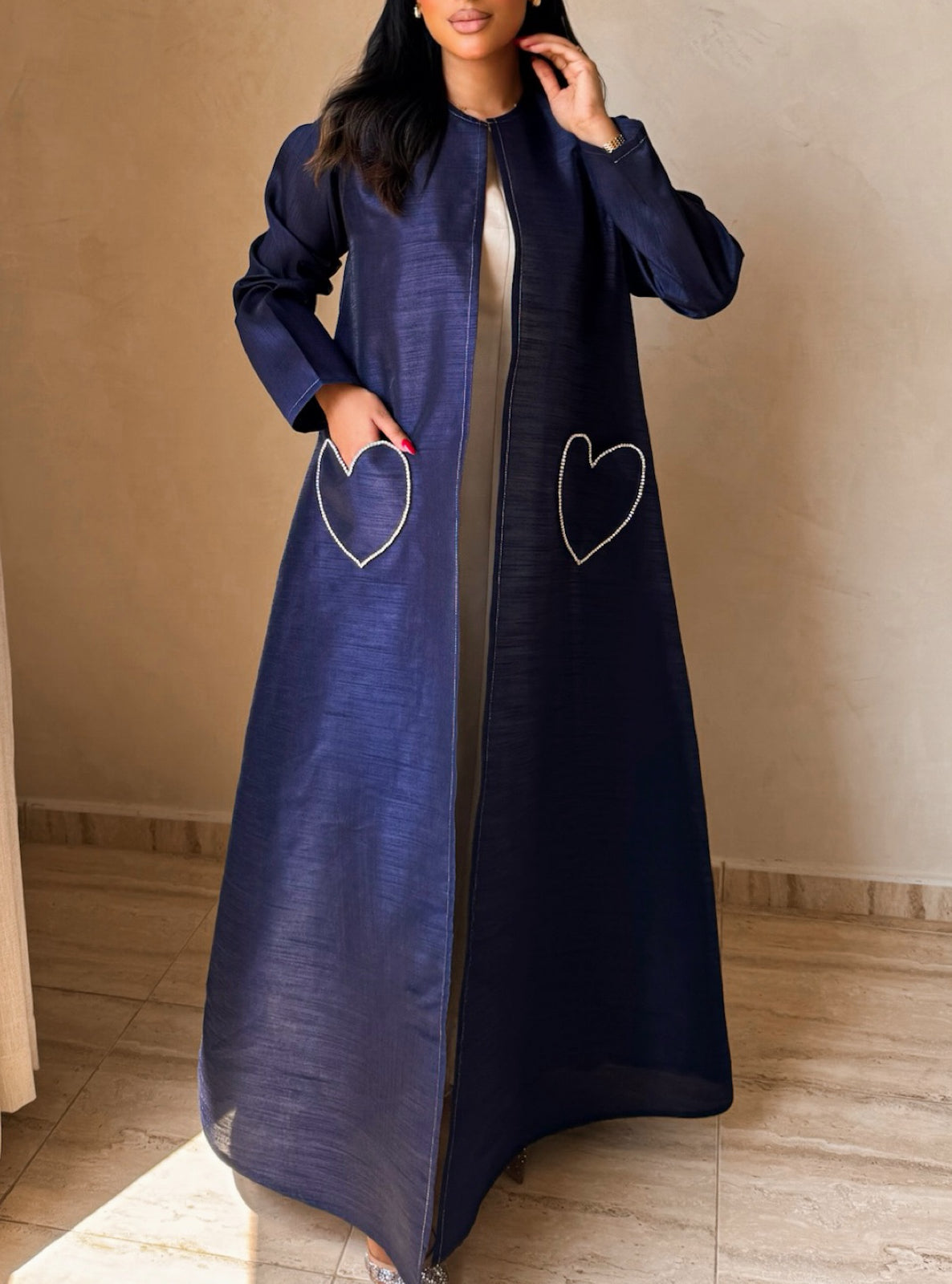 MEI728 - Navy A-Cut Taffeta & Crystals Abaya with Headscarf