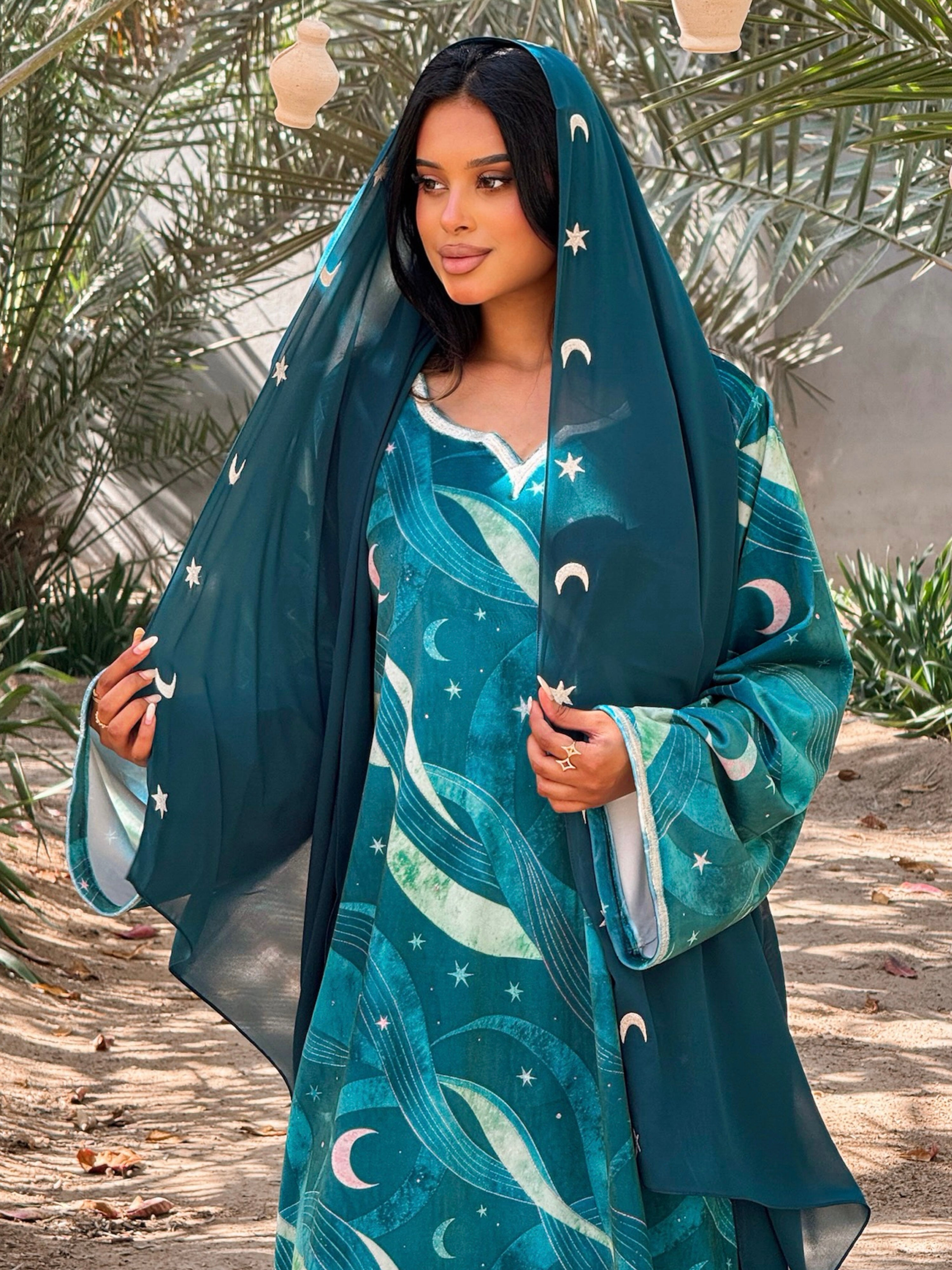 MEI706 - Green Stars & Moon Embroidered Jalabiya with Headscarf